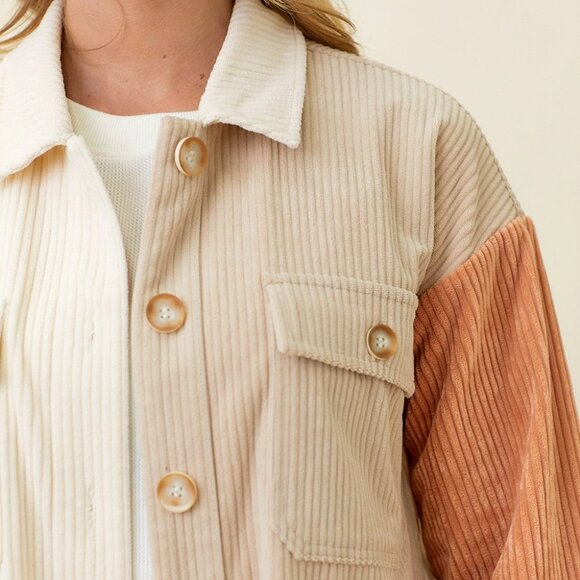MYSTREE Colorblock Corduroy Shacket, Neutral Beige Cream Camel Button-Up Jacket - Picture 7 of 7